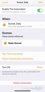 Screenshot of Apple Home - Sunset Automation