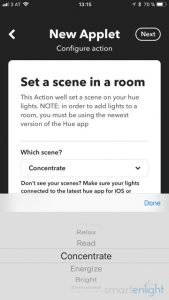 Specifying the action with Philips Hue in IFTTT