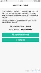 Logitech Harmony Roomba Confirm Entering Unknown Device