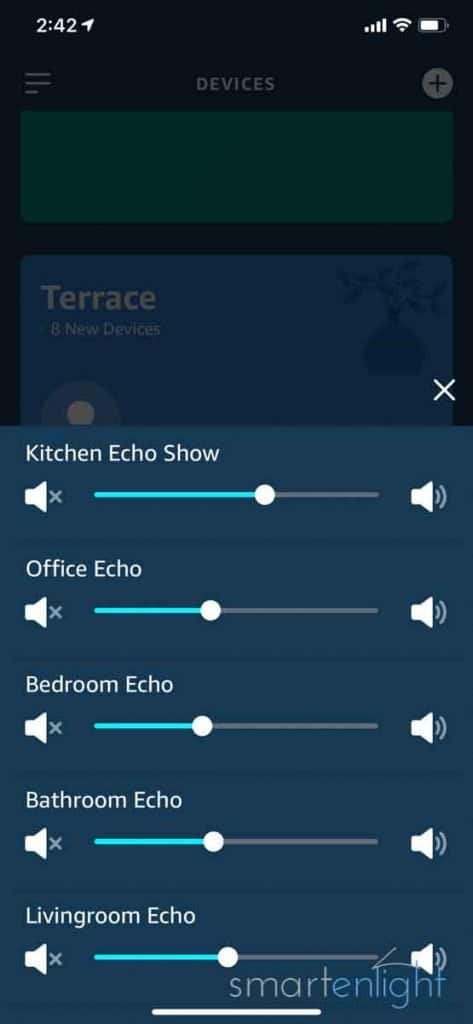 Alexa Music Commands: Screenshot of Alexa App Controlling the Volume auf a Multi-Room Music Speaker Group
