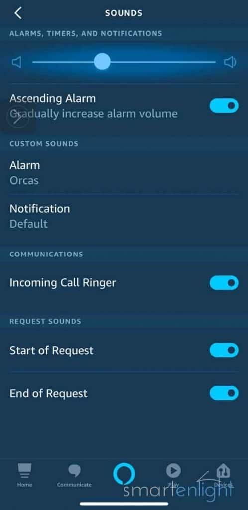 Screenshot of Alexa App - Alarm Timer and Notification Volume