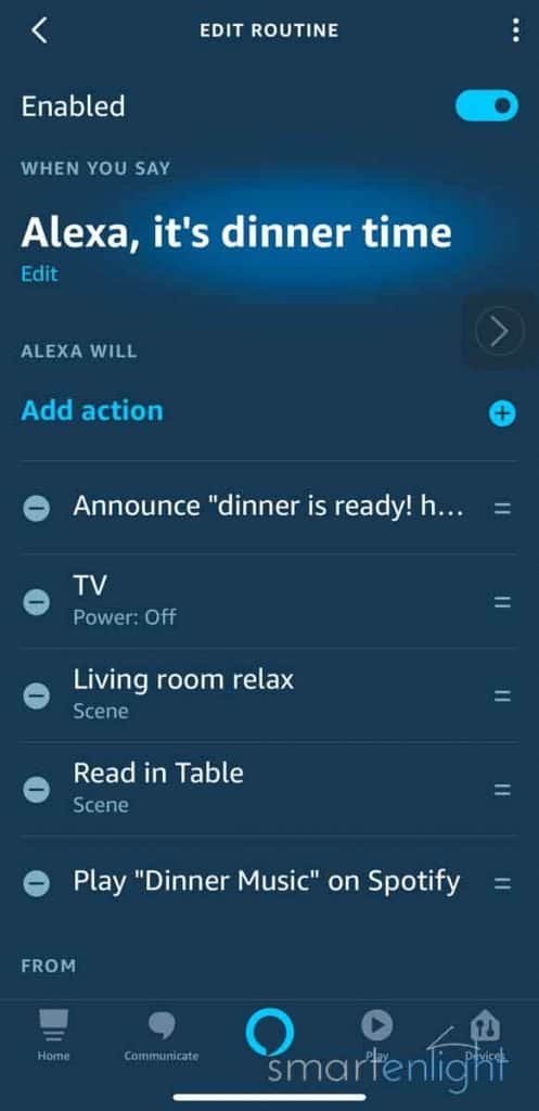Alexa Music Commands: Screenshot of Alexa App - Routines - Dinner Time