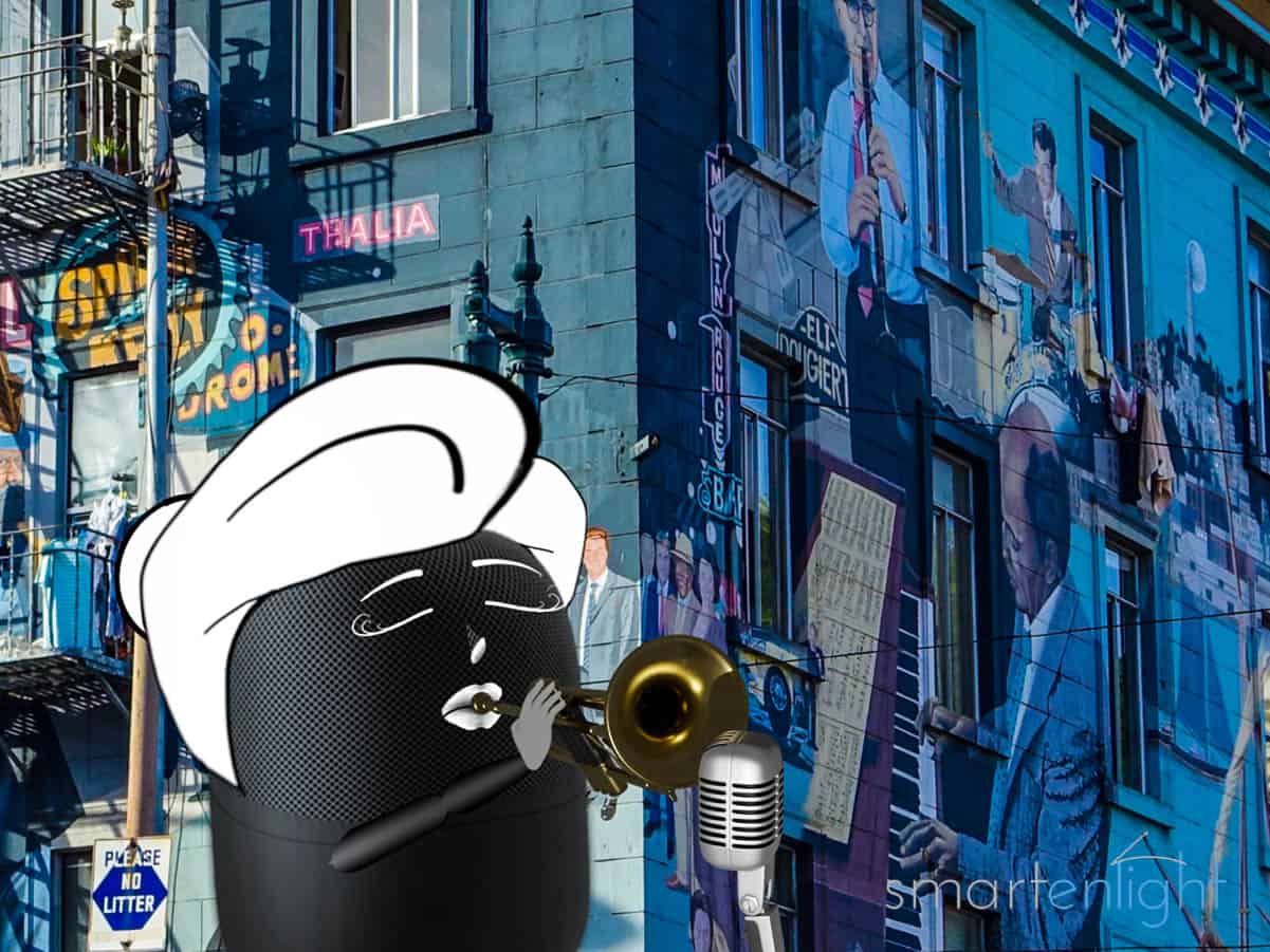 Illustration of Siri playing trumpet in the streets of San Francisco