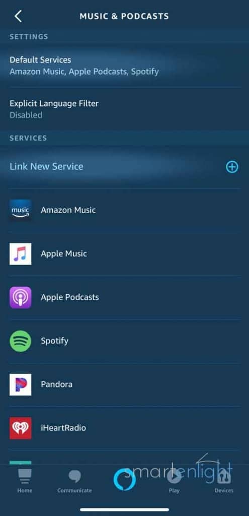 Alexa Music Commands - Screenshot of Alexa App: Link New Music Service and Default Services