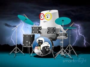 Google Music Commands 2021: Google Home drumming with lightning coming from his drum sticks.