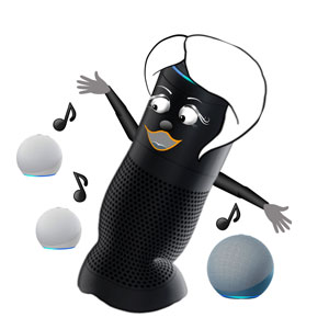 Alexa Music Commands: Alexa with an Echo and two Echo dots in a speaker group dancing and listening to music 