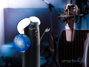 Alexa sings in a studio holding a globe with flags from Germany, Canada, United States, United Kingdom, India, Australia, Spain, Mexico, Italia and Brazil