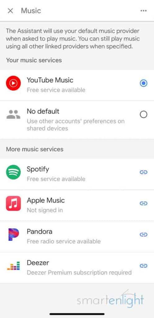 Screenshot of Google Home App with Googles Music Services