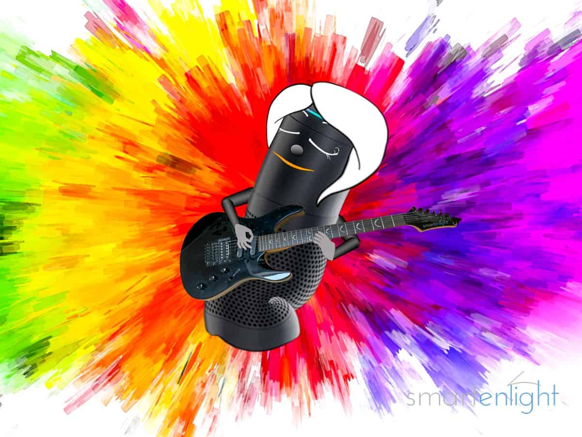Alexa Music Commands Late 2021 - Alexa playing guitar in-front of a color burst