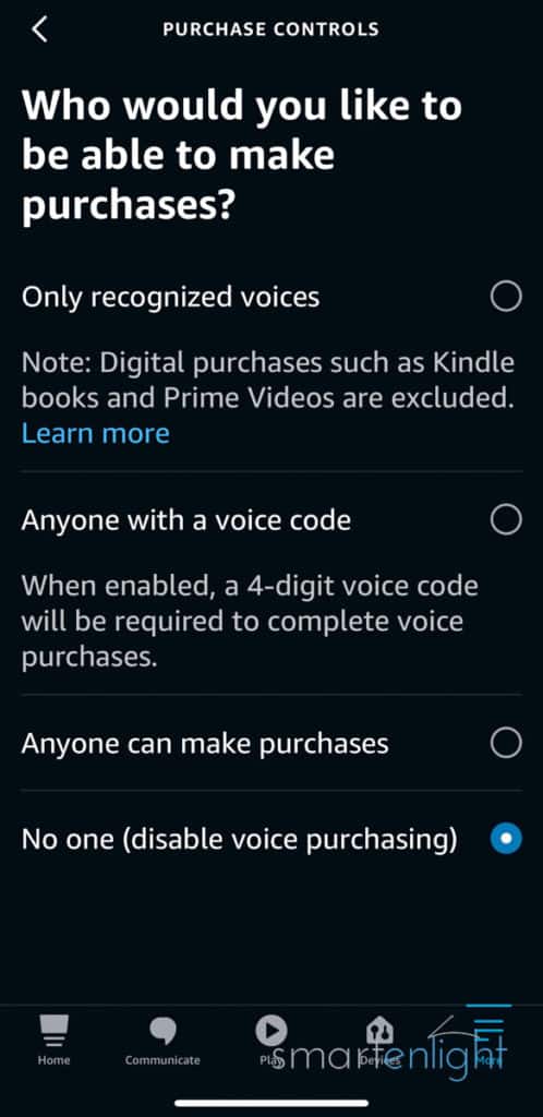Screenshot of the Alexa Purchase Controls in the Alexa App
